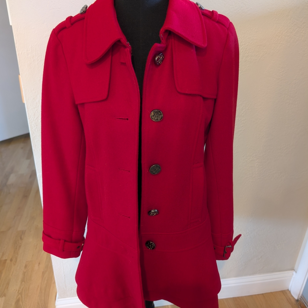 Guess Red Pea Coat with Decorative Buttons